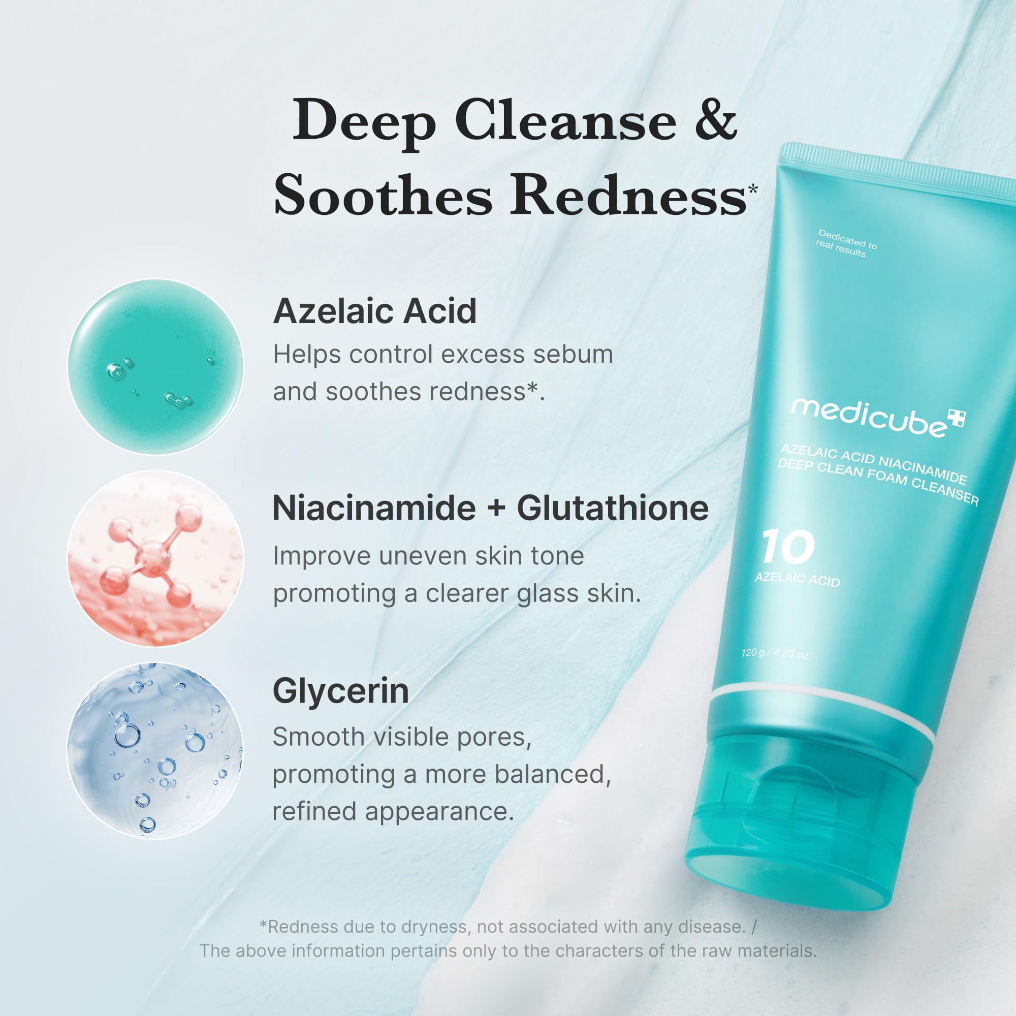 Medicube creamy foam image demonstrates cleansing action for smoother skin.