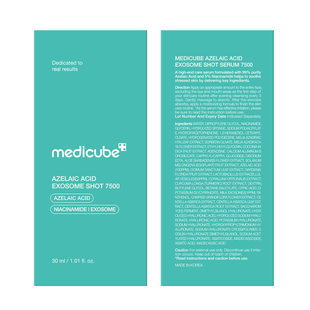 Medicube Azelaic Exosome Shot outer box next to bottle conveys gift-ready presentation.