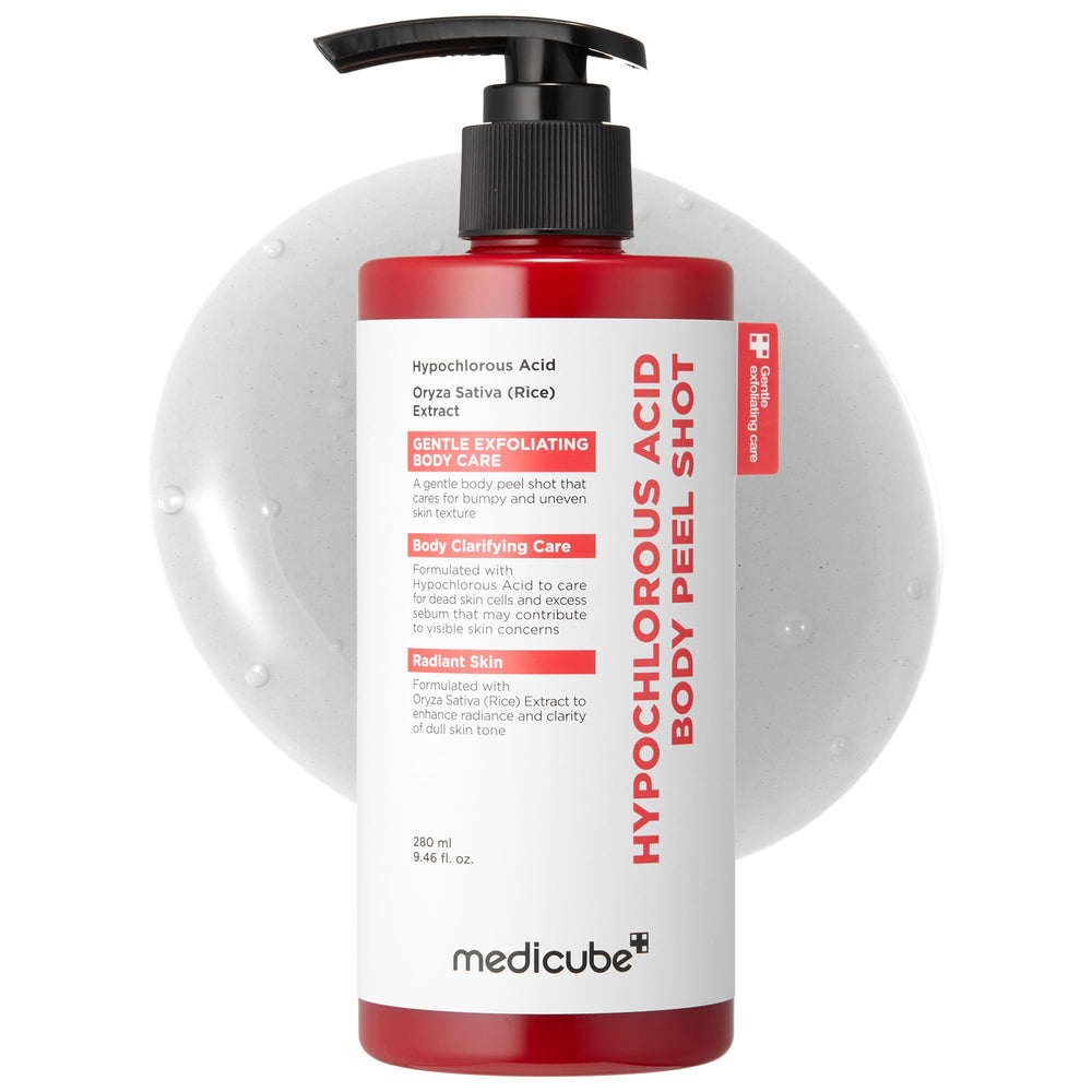 Medicube Body Peel Shot bottle front promoting gentle exfoliation for smoother skin.