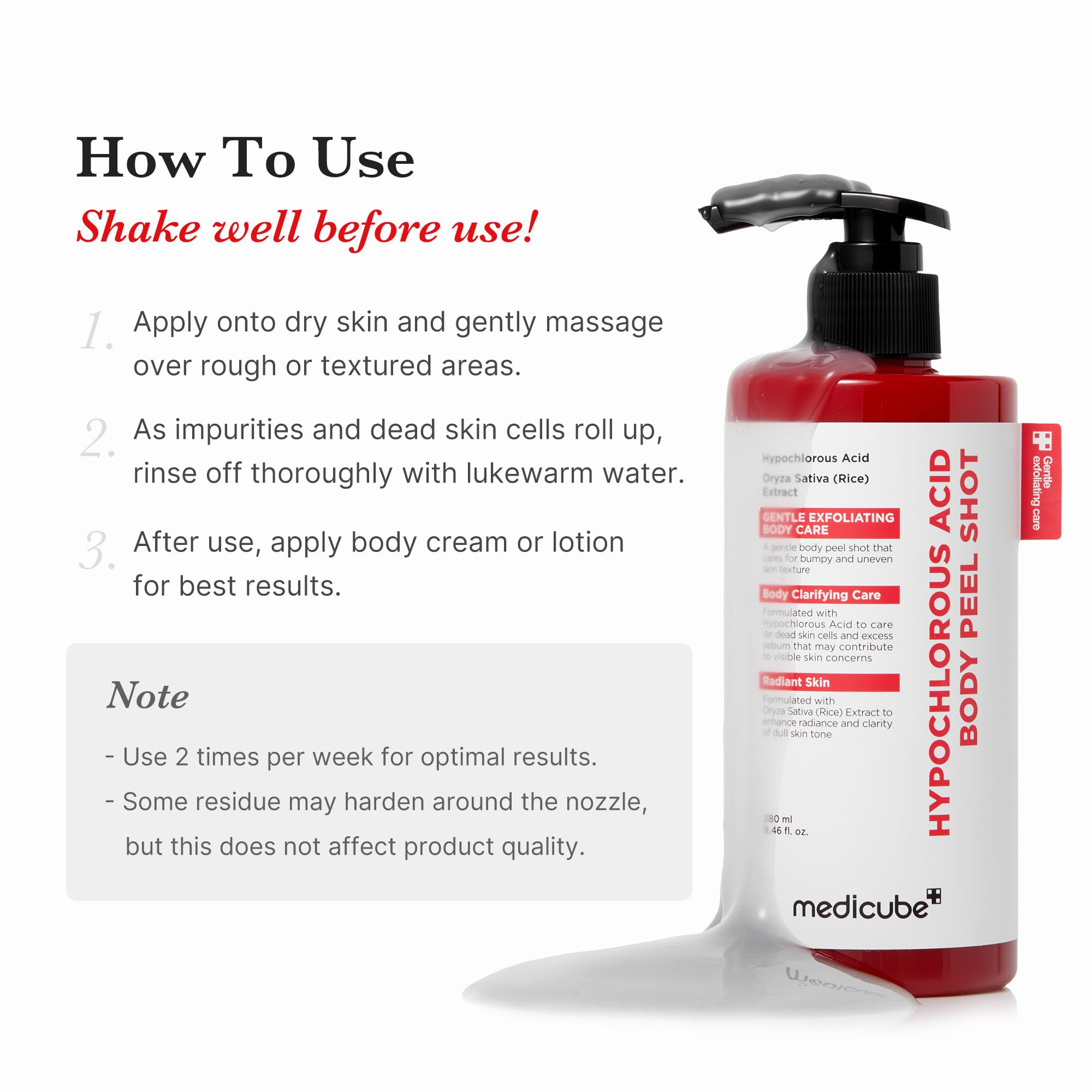 Medicube Body Peel Shot hypochlorous acid bottle close-up for soothing body care.