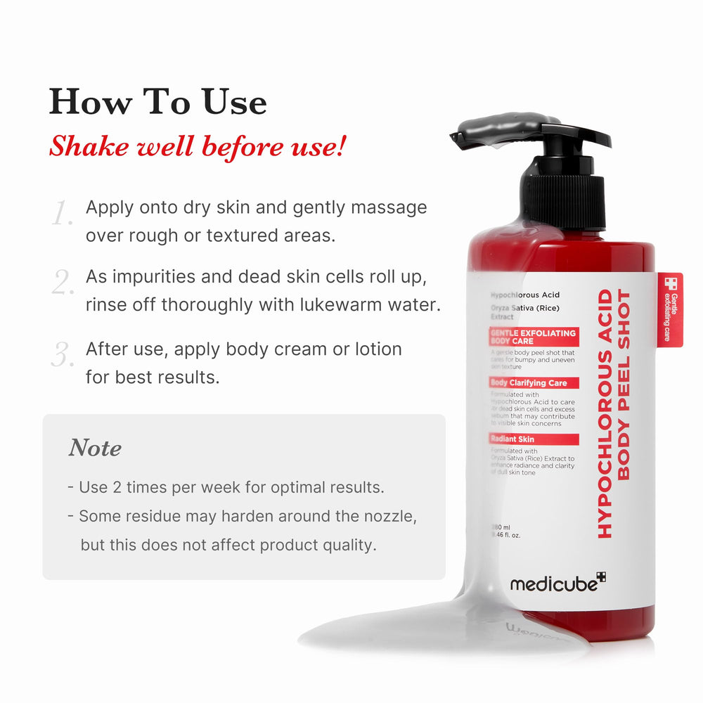 Medicube Body Peel Shot hypochlorous acid bottle close-up for soothing body care.