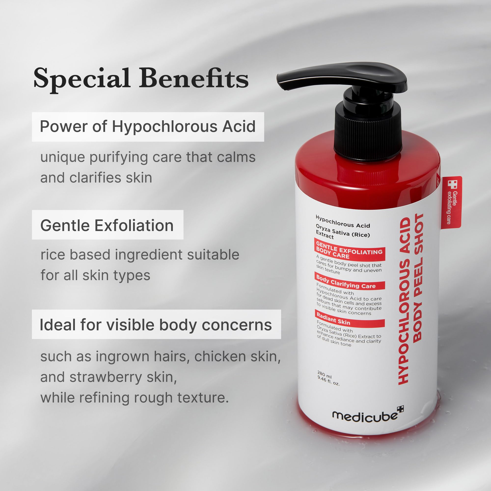 Medicube Body Peel Shot hypochlorous acid label signals calming, purifying benefits.