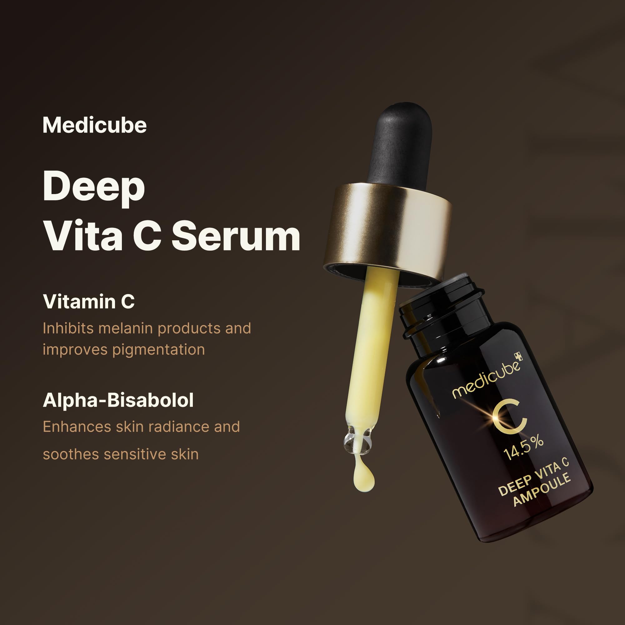 Medicube Deep Vita C Serum 2.0 face application drops emphasize gentle daily use.