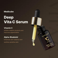 Medicube Deep Vita C Serum 2.0 face application drops emphasize gentle daily use.