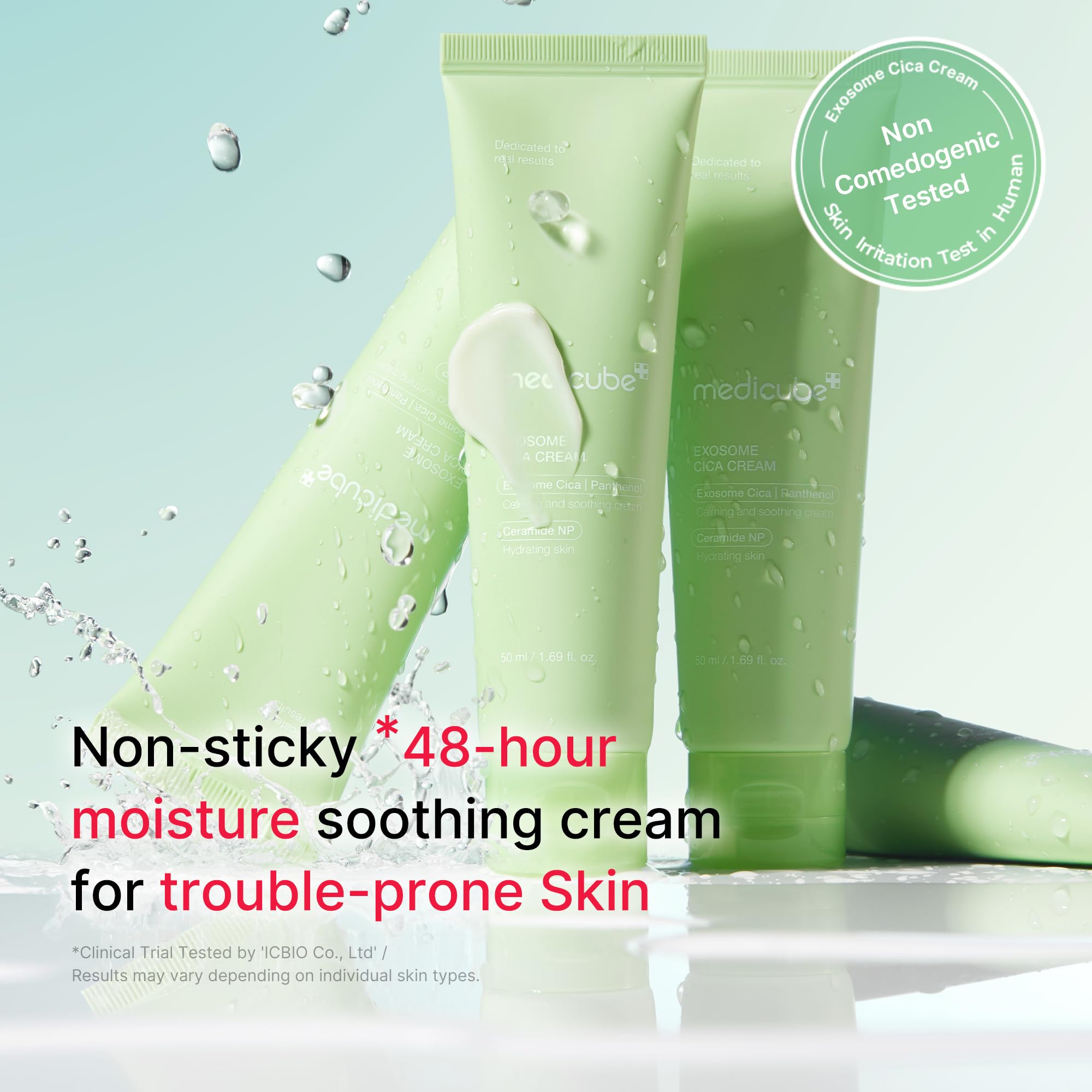 Medicube Exosome Cica Tea Tree Cream bottle close-up highlighting soothing formula.