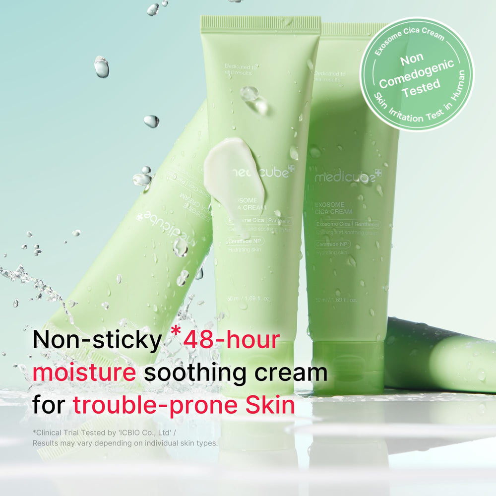 Medicube Exosome Cica Tea Tree Cream bottle close-up highlighting soothing formula.