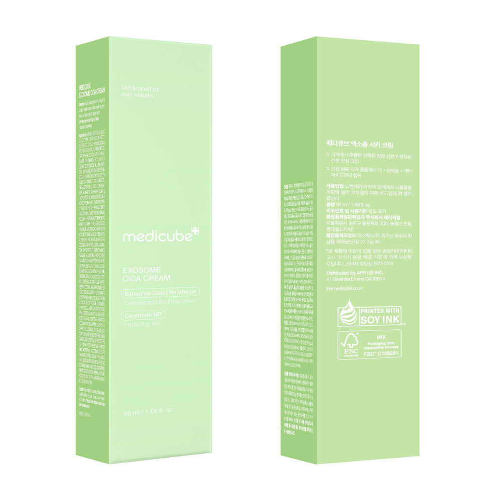 Medicube Exosome Cica Tea Tree Cream branding on label signaling gentle relief.