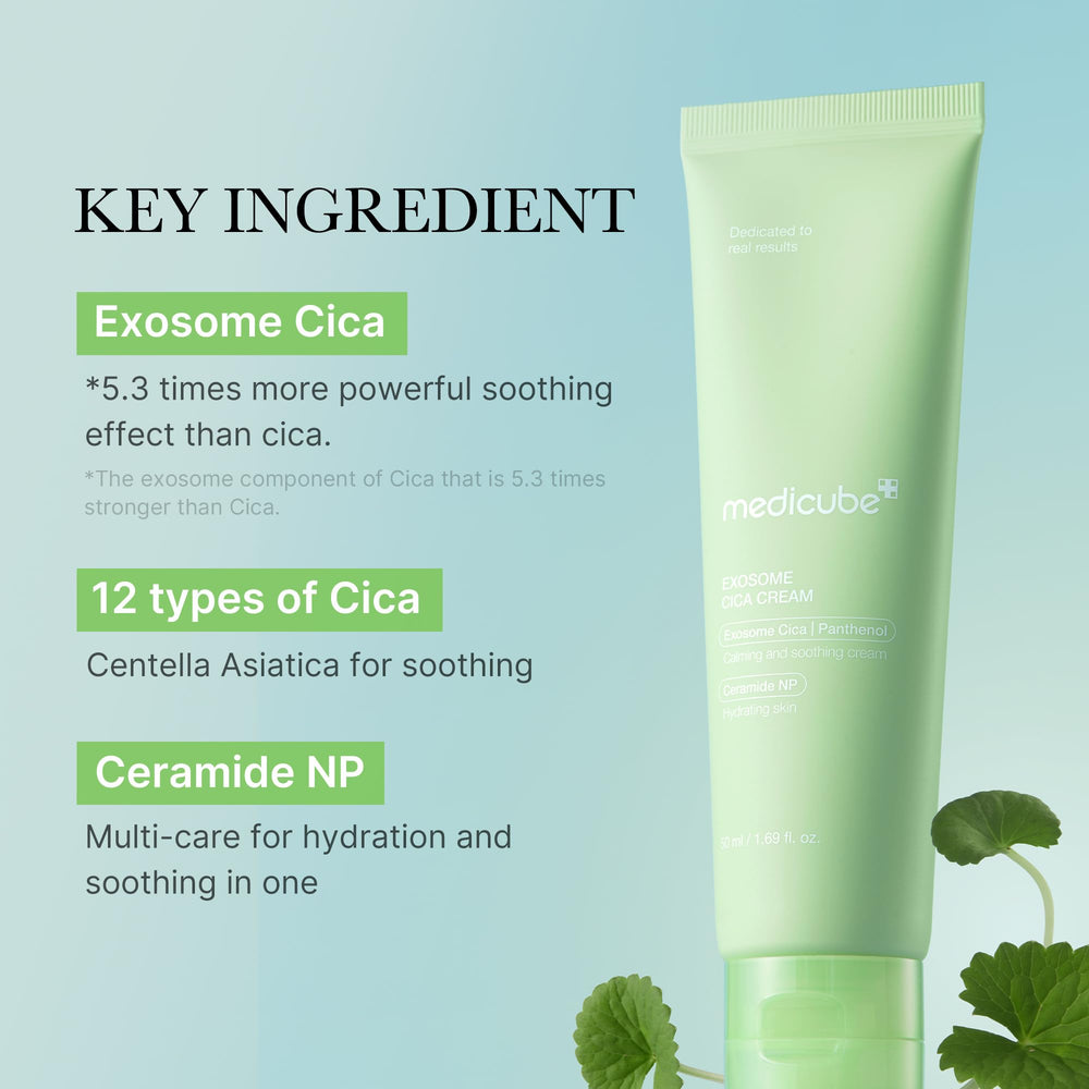 Medicube Exosome Cica Tea Tree Cream texture swirl illustrating hydrating skincare.