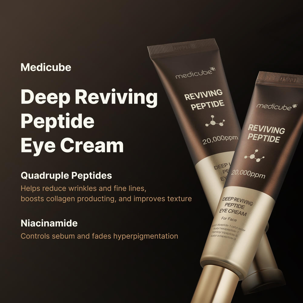 Medicube Eye Serum application closeup demonstrates gentle patting to absorb around the eye.