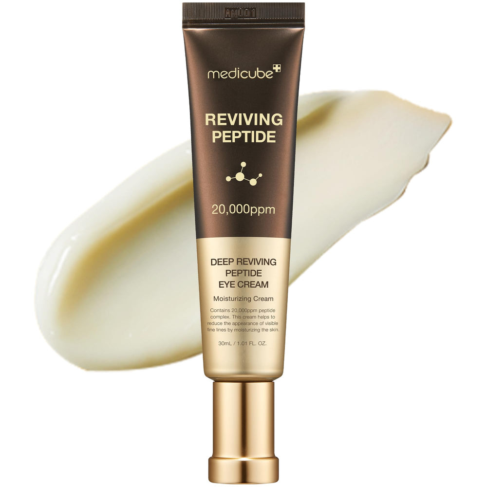 Medicube Eye Serum bottle with Deep Reviving Peptide shows hydration for the eye area.
