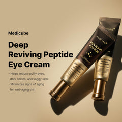 Medicube Eye Serum ingredients label closeup highlights peptides, niacinamide, and squalane.