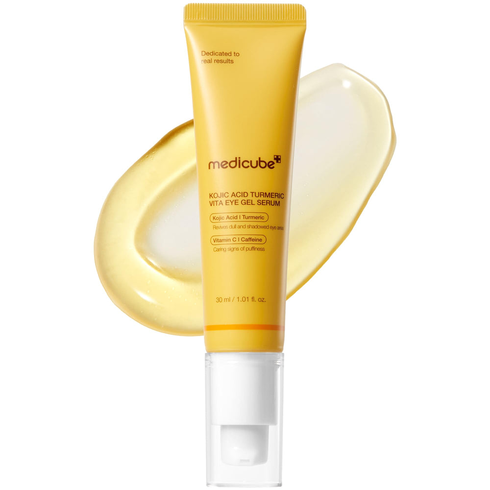 Medicube Eye Serum bottle with pump highlighting kojic-turmeric brightening