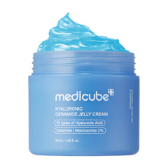 Medicube Jelly Cream bottle close-up, signaling daily hydration for all skin types.