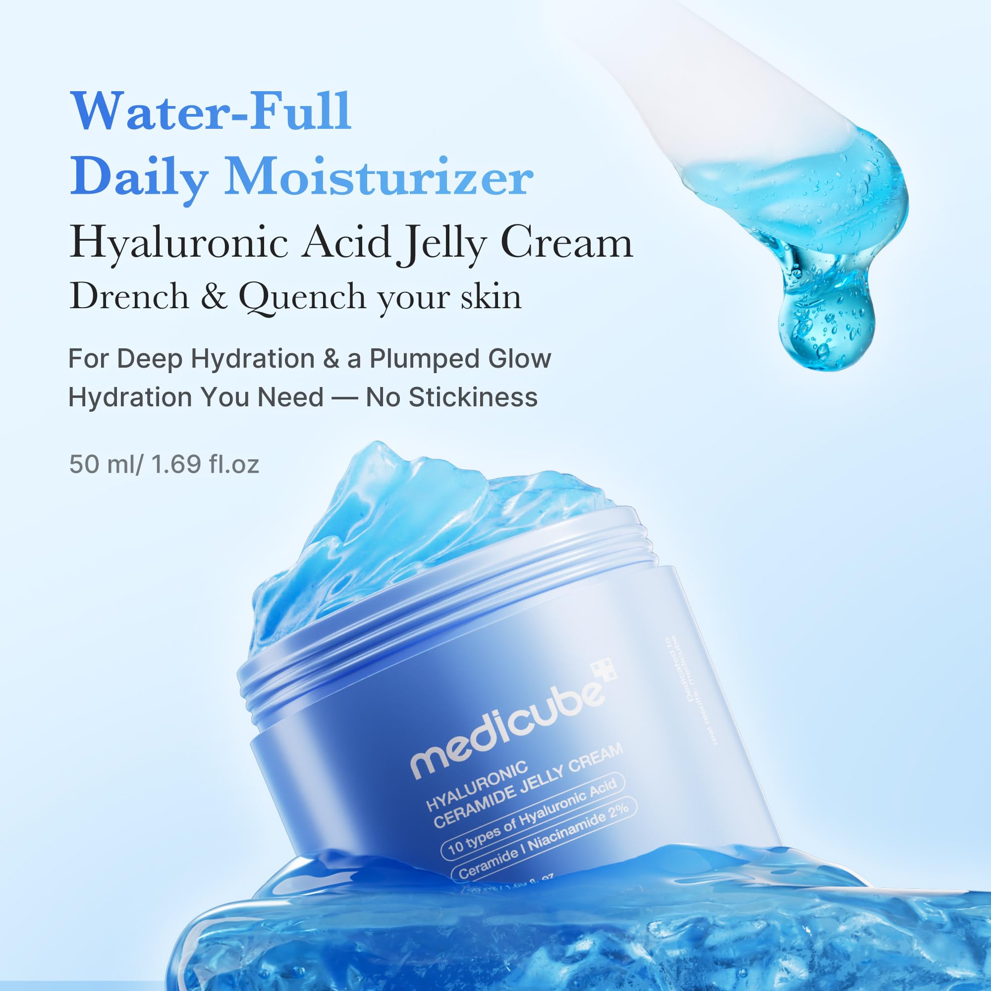 Medicube Jelly Cream texture swatch demonstrating jelly-like absorption and a soft, non-greasy finish.