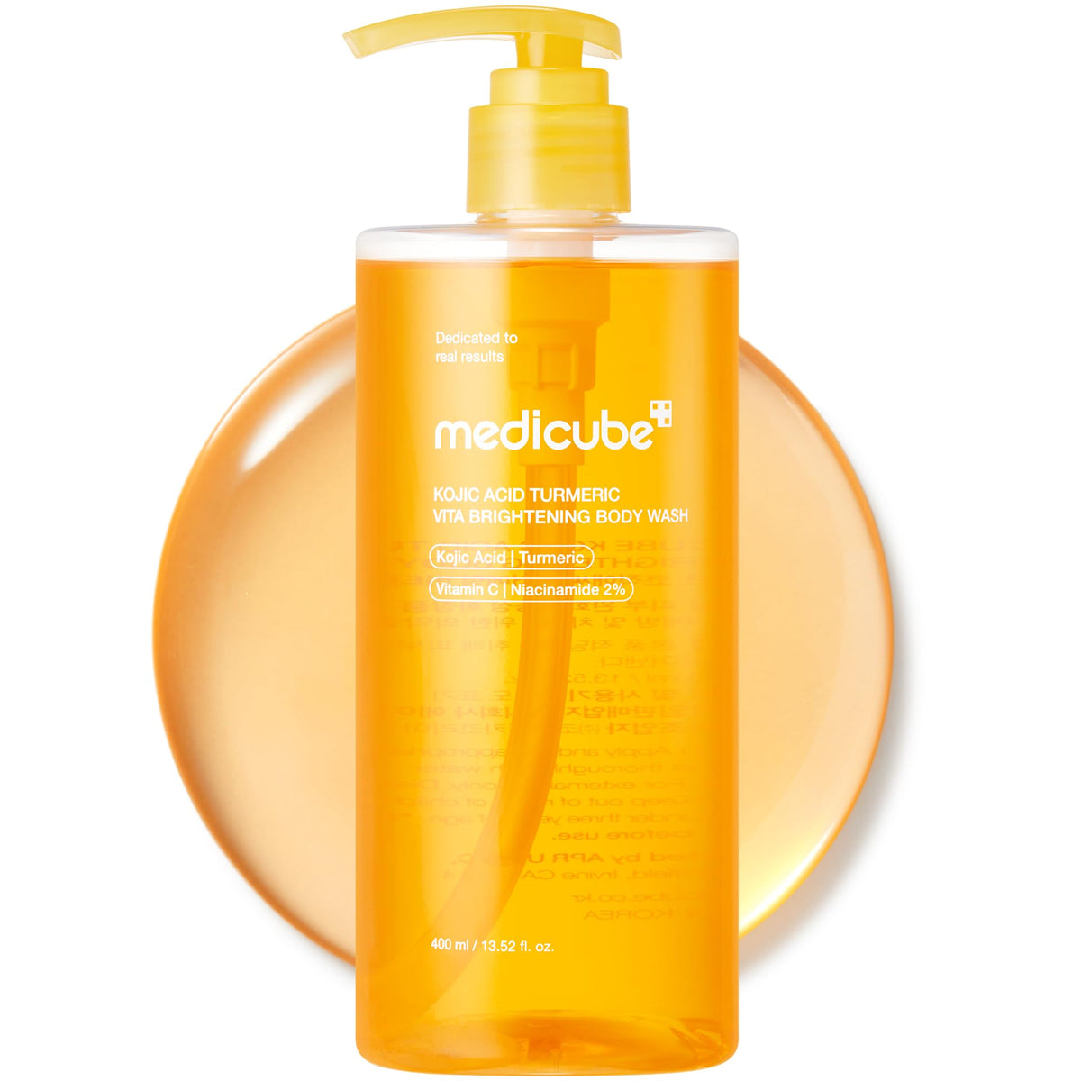 Medicube Kojic Acid Turmeric Brightening Body Wash bottle on display, promoting even skin tone.