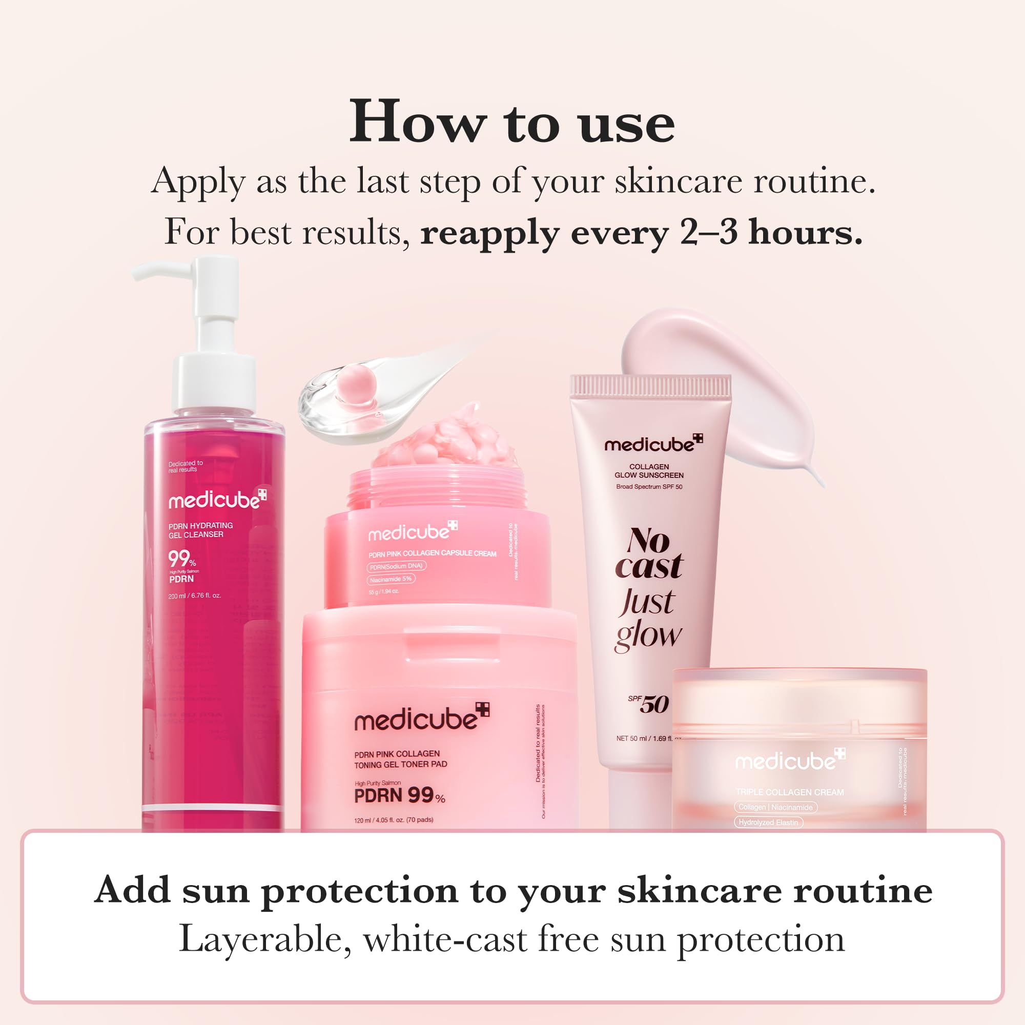 Medicube non-greasy, quick-absorption sunscreen on skin