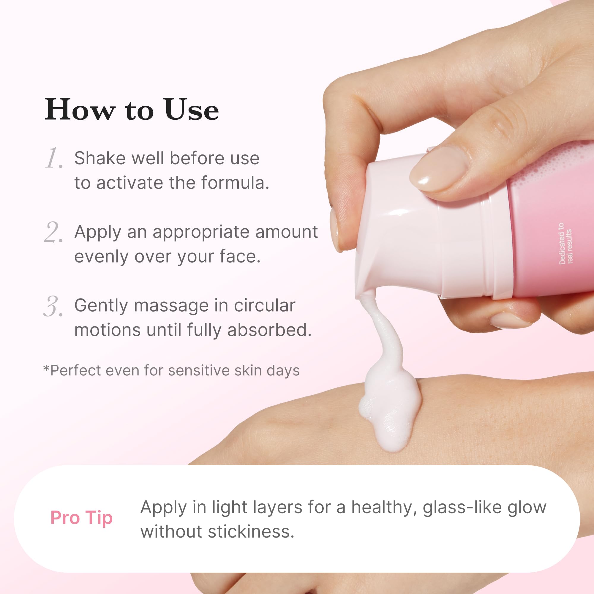 Medicube PDRN Pink Bubble Serum application swatch closeup shows quick absorption for makeup-ready skin.