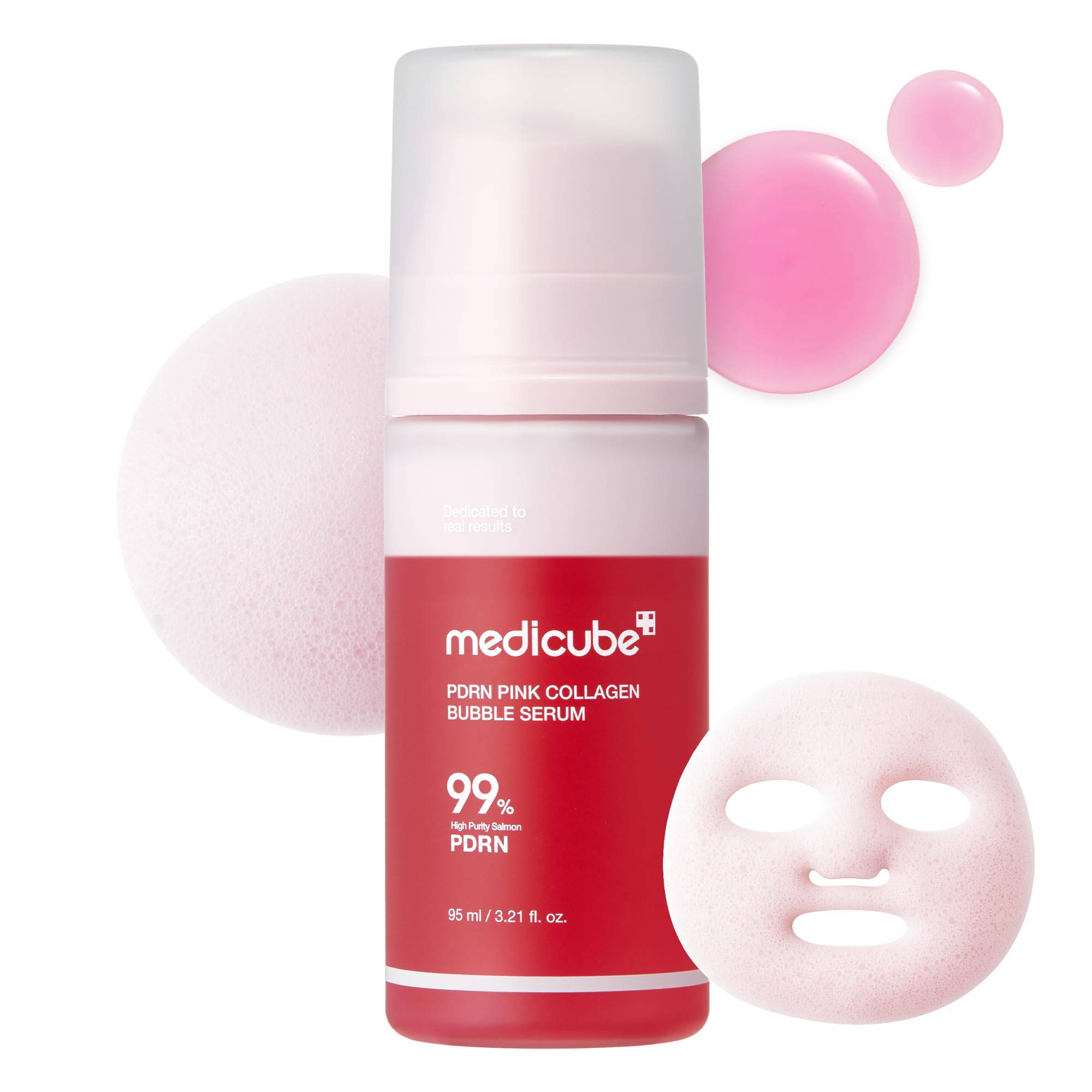 Medicube PDRN Pink Bubble Serum bottle closeup highlights sleek packaging for daily hydration.