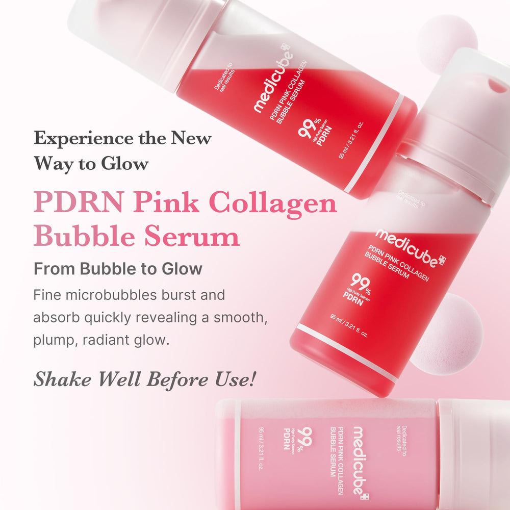 Medicube PDRN Pink Bubble Serum foamy closeup shows fast-absorb bubbles for radiant skin.