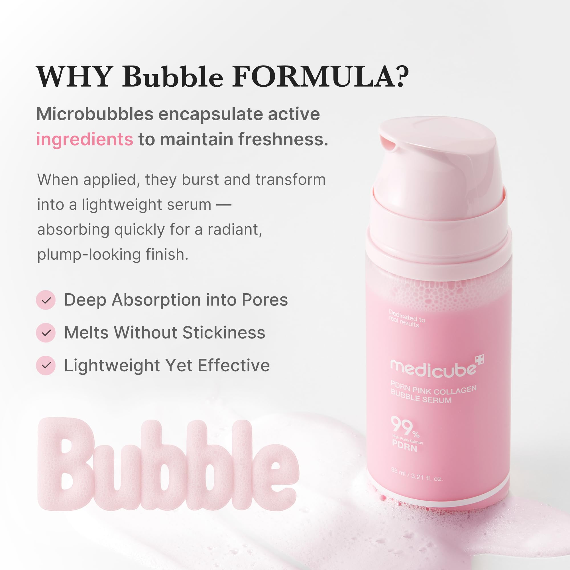 Medicube PDRN Pink Bubble Serum ceramide boost closeup signals stronger moisture barrier.