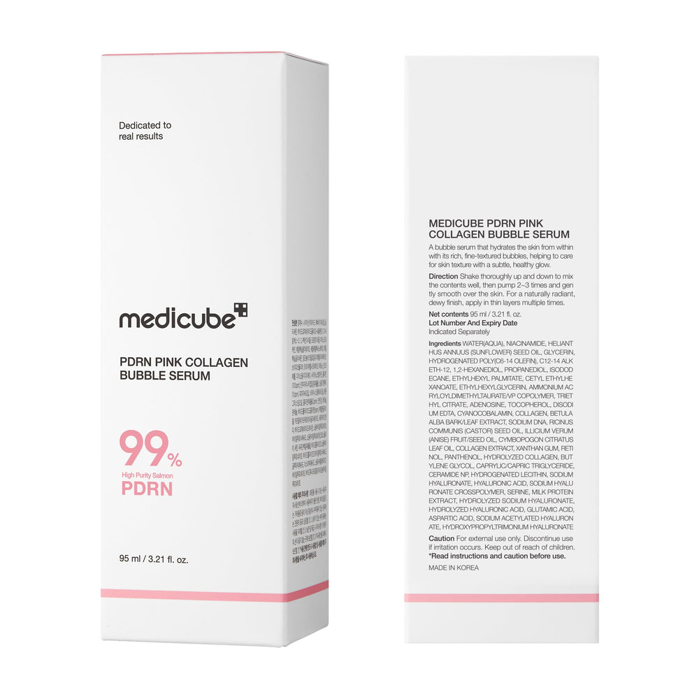 Medicube PDRN Pink Bubble Serum lifestyle shot supports a simple morning glow routine.