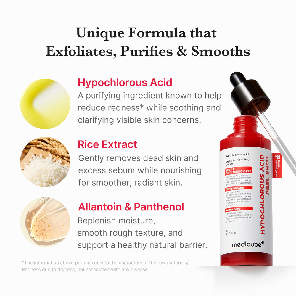 Medicube Peel Shot HOCl close-up emphasizes calming, purifying properties.