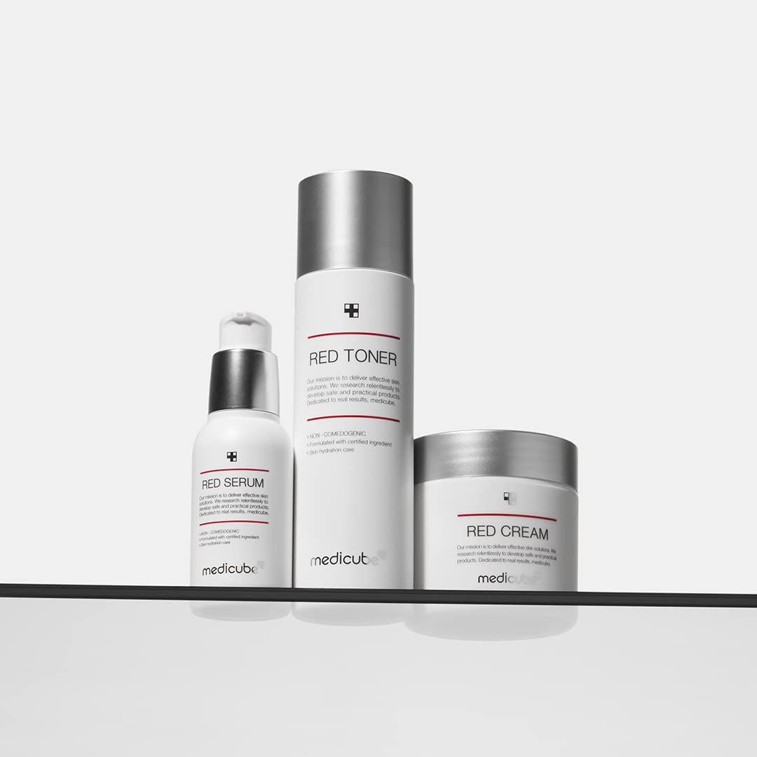 Medicube Red Toner 2.0 packaging shot in bathroom
