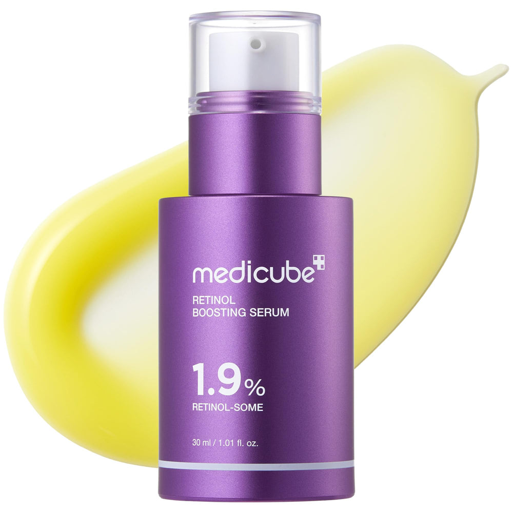 Medicube Retinol Boosting Serum bottle close-up highlights premium packaging and clarity.