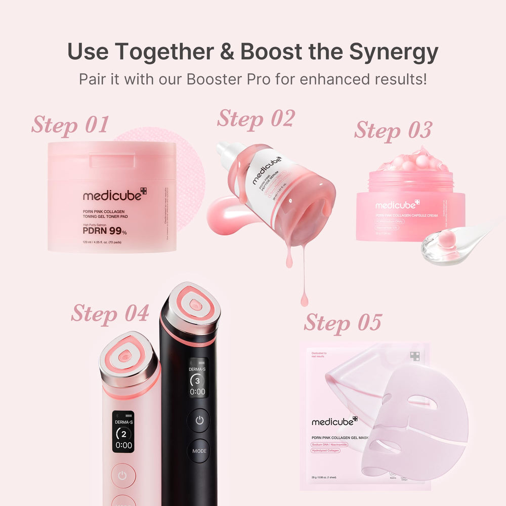 Medicube Rose PDRN routine on desk suggests daily glow ritual.