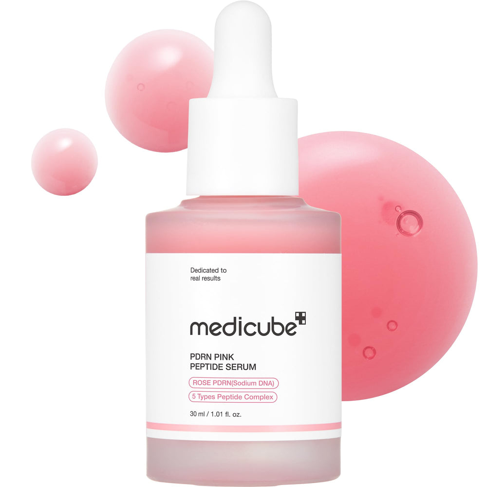 Medicube Rose PDRN Pink Peptide Serum bottle shows hydration and glow potential.