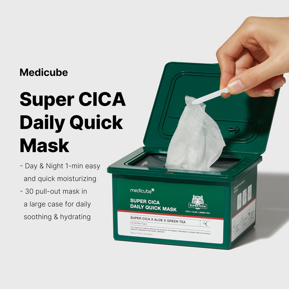 Medicube Super Cica Daily Mask applied on face delivering cooling relief.