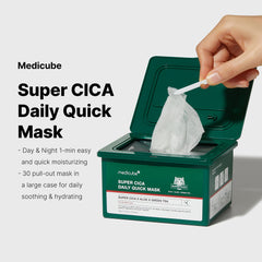 Medicube Super Cica Daily Mask applied on face delivering cooling relief.