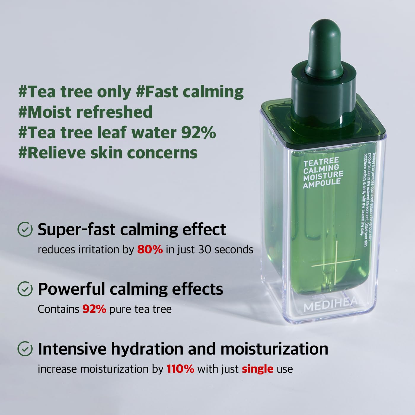 Mediheal Ampoule Thé Hydratation Rapide – gouttes visibles pour une peau rafraîchie.