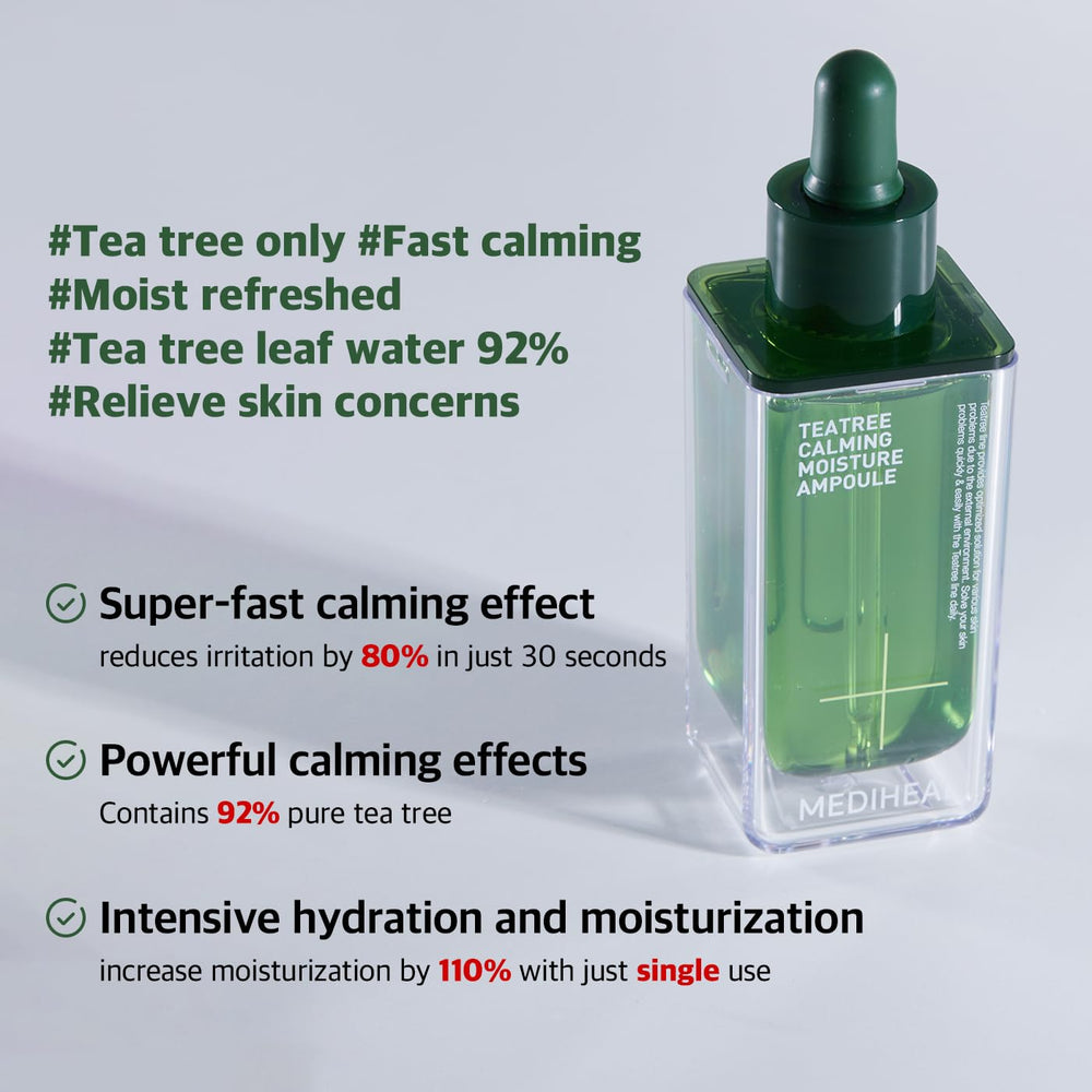 Mediheal Ampoule Thé Hydratation Rapide – gouttes visibles pour une peau rafraîchie.