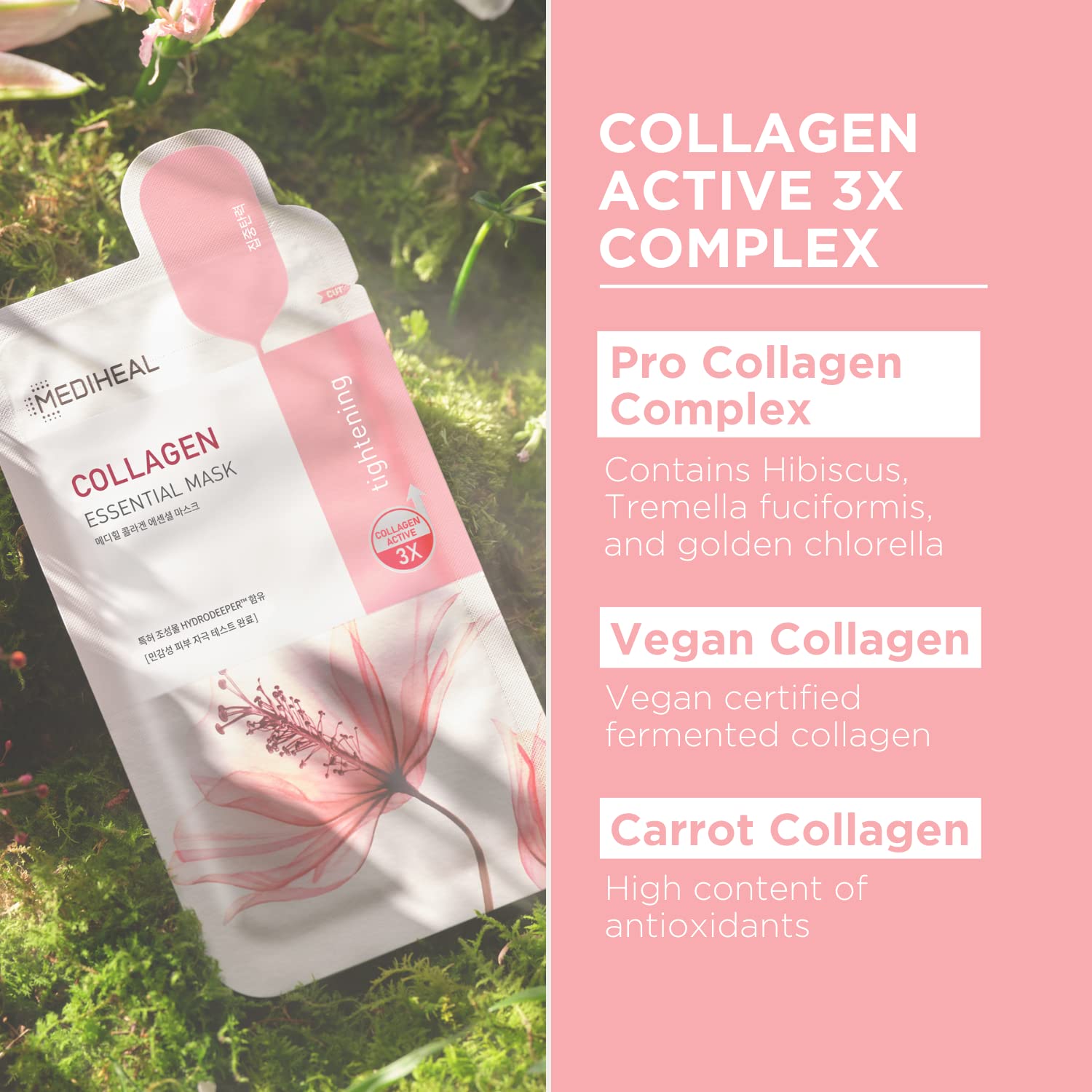 Close-up of Mediheal Collagen Essential Mask sheet hugging the face for serum delivery.