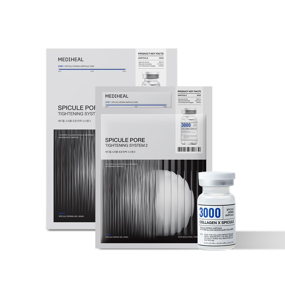 Mediheal collagen spicule 3000ppm ampoule close-up highlighting pore care and smoother texture.