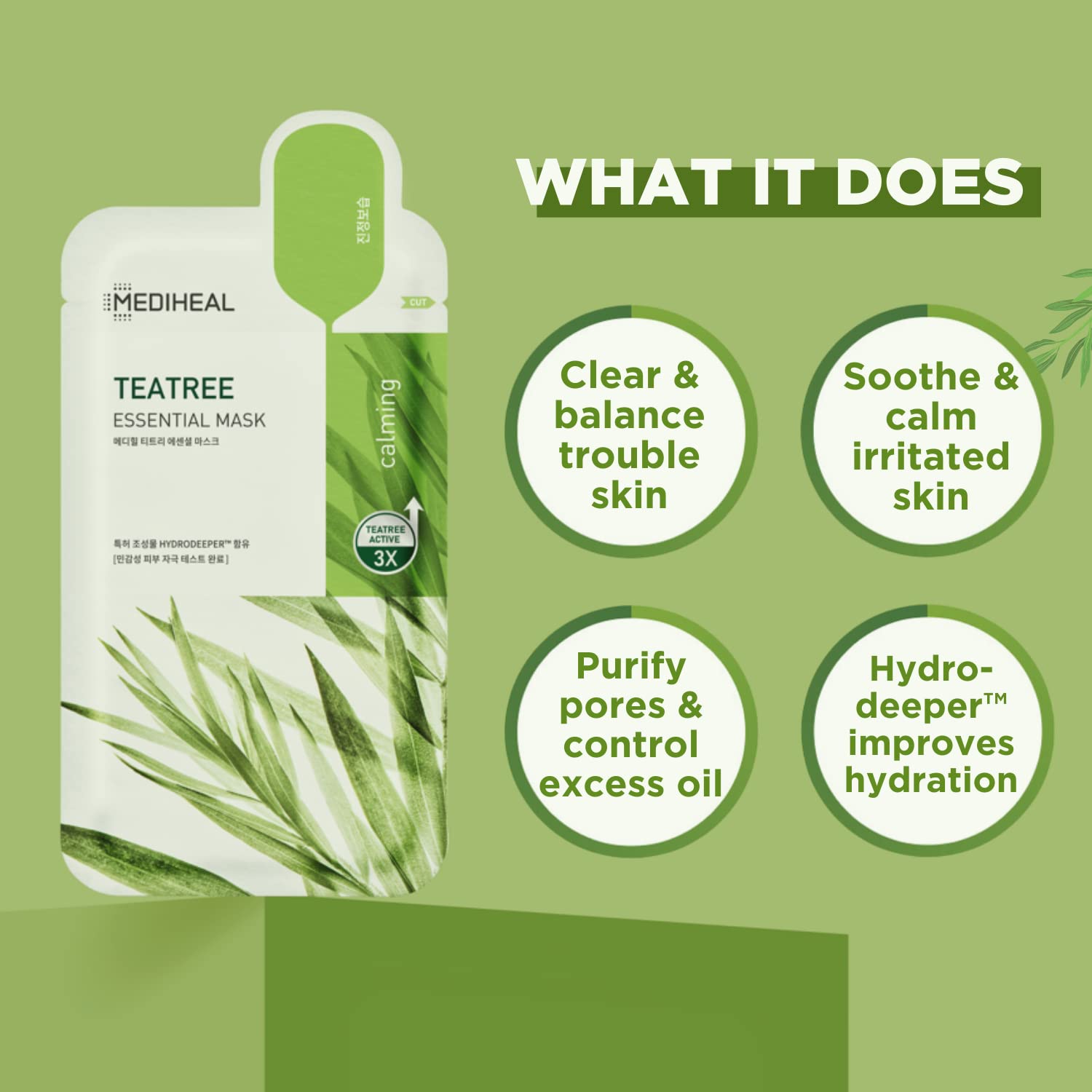 Mediheal collagen tea tree mask applied on face for lifting and soothing potential.