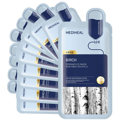 Mediheal Dermaplus Birch Mask packaging highlights a vegan sheet mask for deep hydration.