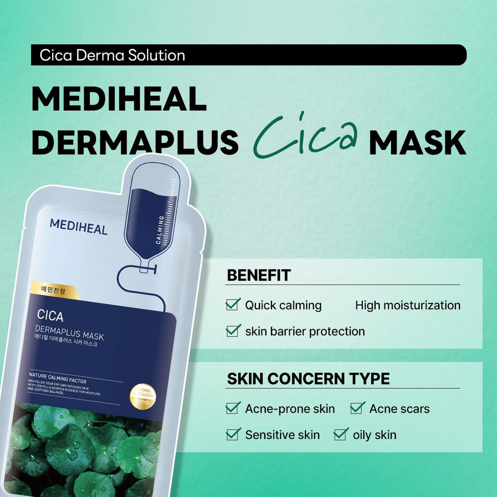 Mediheal Dermaplus Cica Mask with hyaluronic acids for lasting hydration.