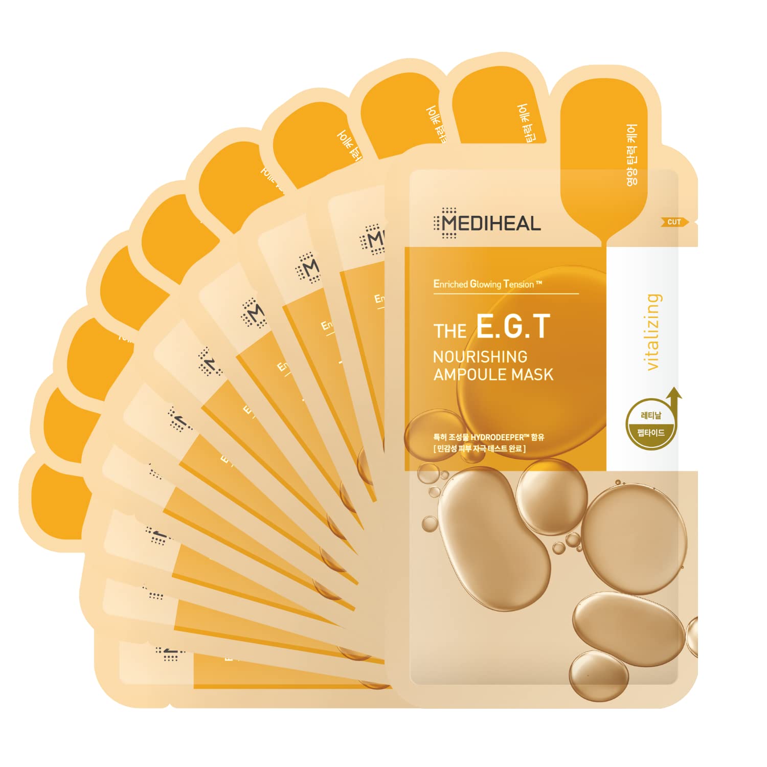 Mediheal EGT Ampoule Mask box packaging emphasizing eco-friendly, ten-sheet value.