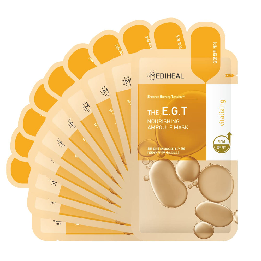 Mediheal EGT Ampoule Mask box packaging emphasizing eco-friendly, ten-sheet value.