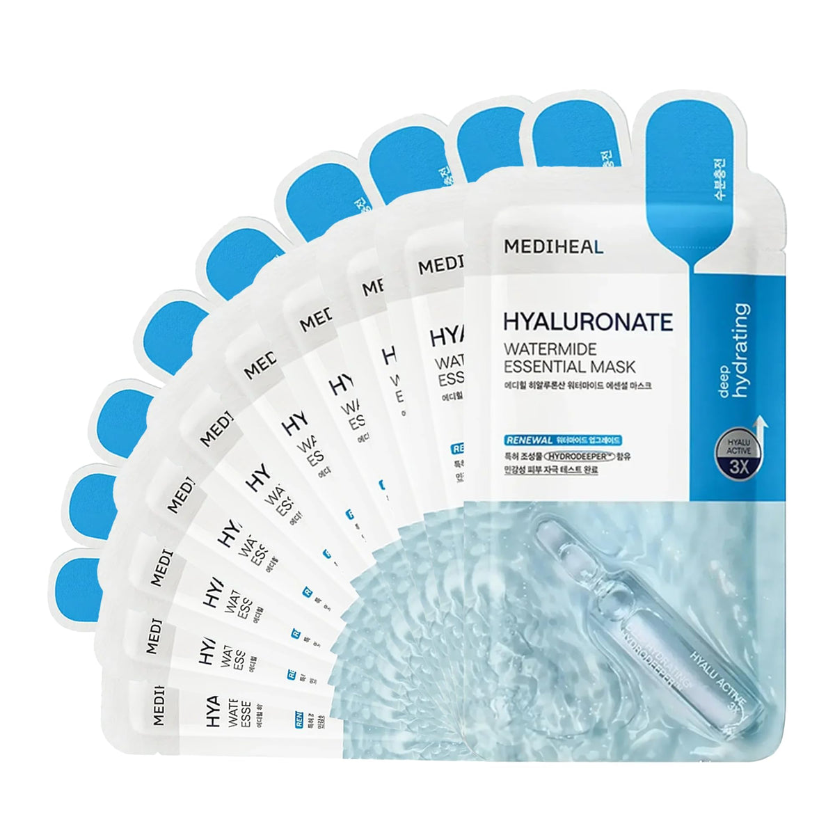 Mediheal Hyaluronate Watermide mask packaging with eco-friendly sheet delivering gentle hydration