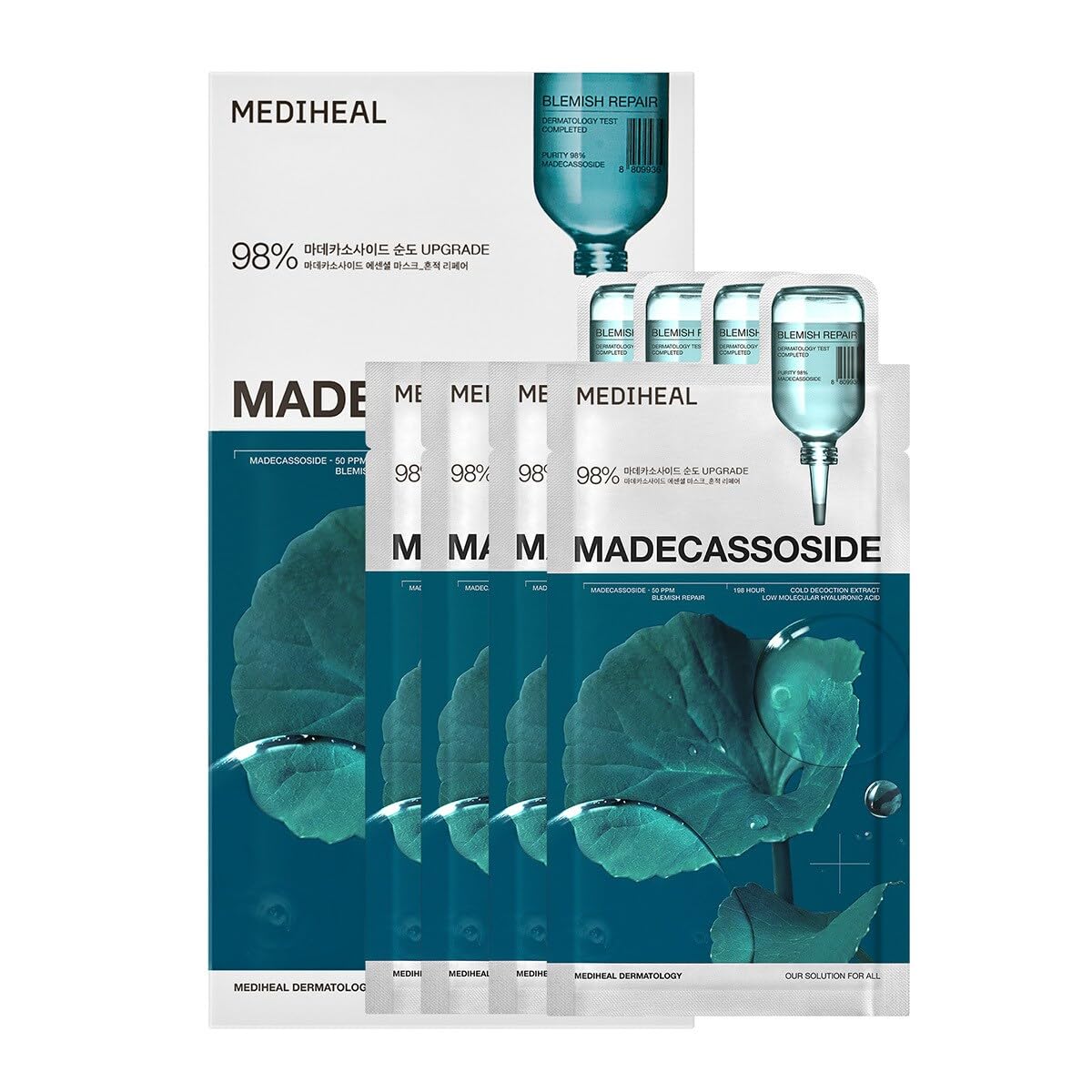 Mediheal Madecassoside Essential Sheet Mask pack highlighting blemish repair and deep hydration.