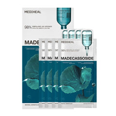 Mediheal Madecassoside Essential Sheet Mask pack highlighting blemish repair and deep hydration.
