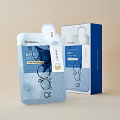 Mediheal NMF Nude Gel Mask embossed hydrogel sheet adheres to facial features for even coverage.