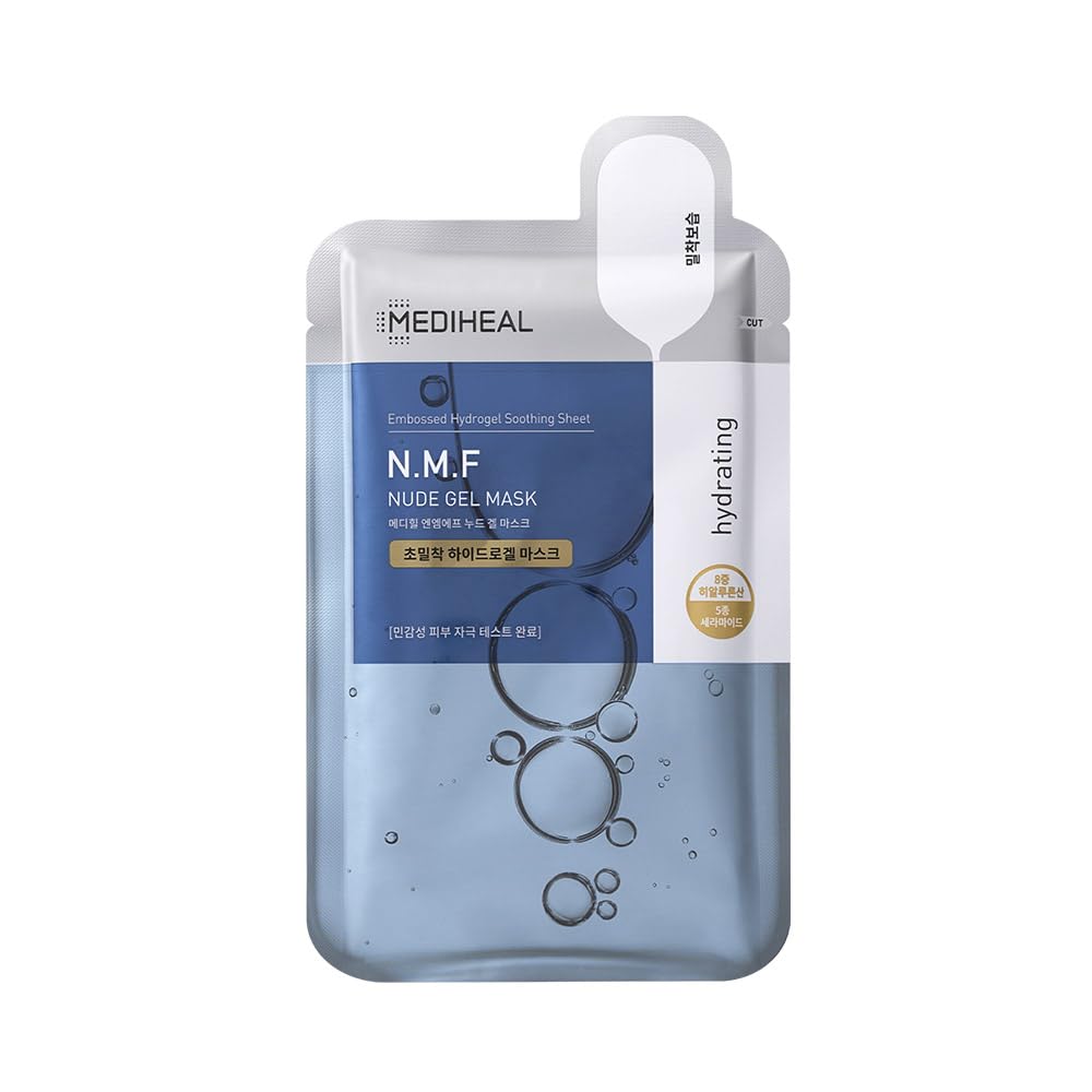 Mediheal NMF Nude Gel Mask sheet close-up highlights embossed hydrogel and strong adhesion.
