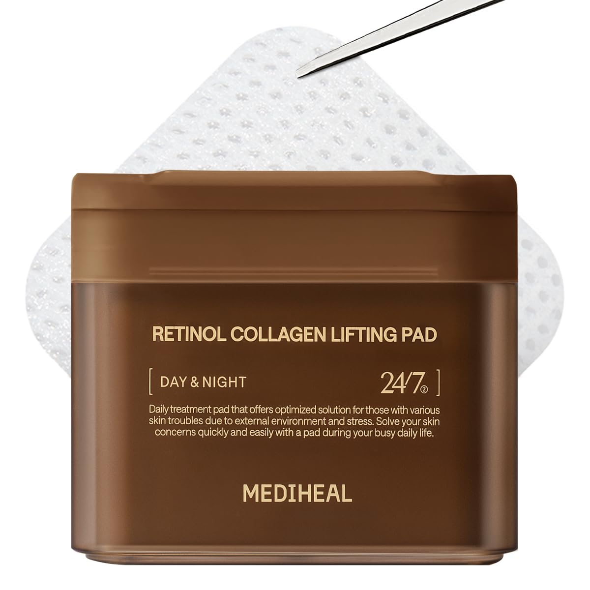 Mediheal Retinol Collagen Lifting Pad applied to the forehead for firmer-looking skin.