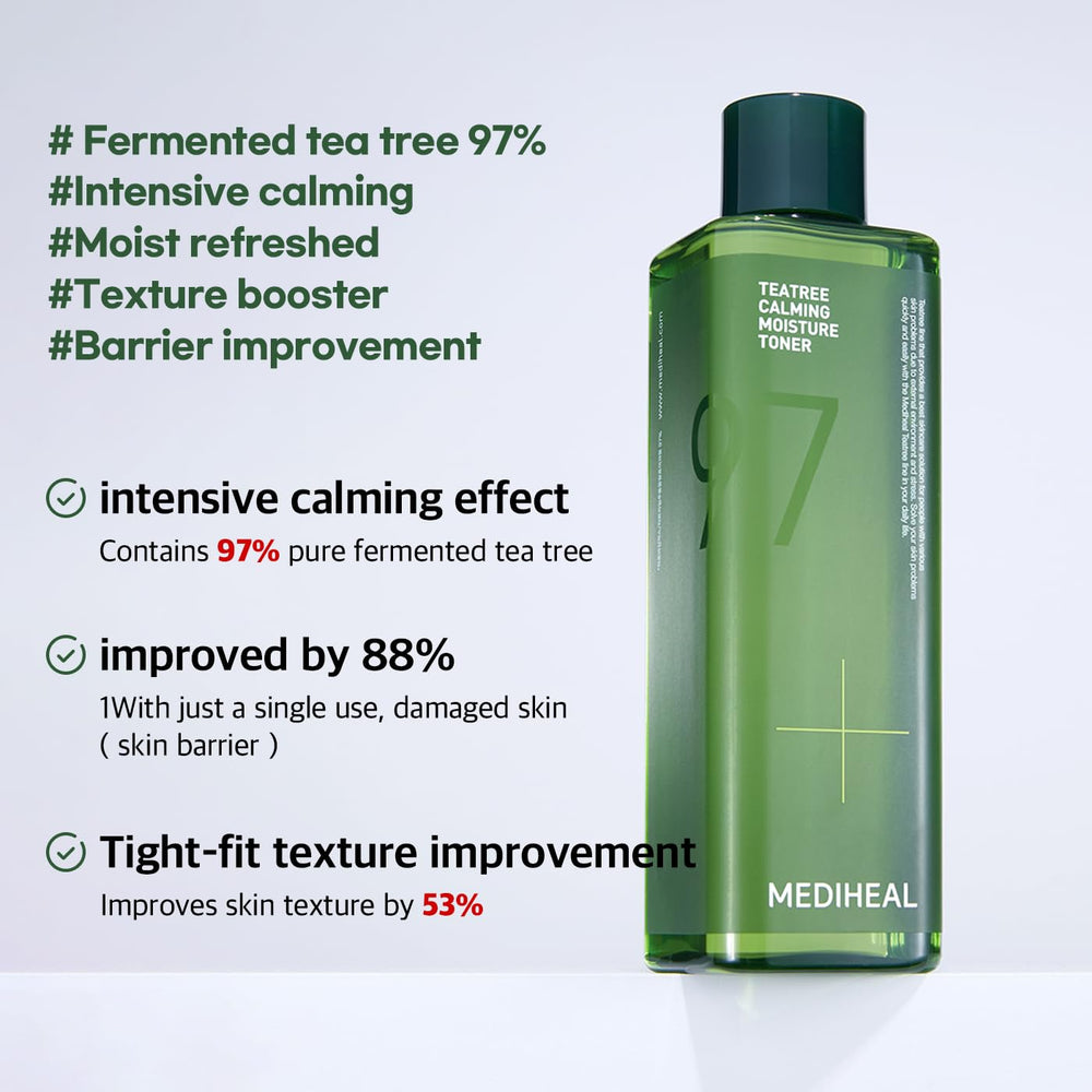 Mediheal Tea Tree Calming Toner label zoom highlighting calming formula