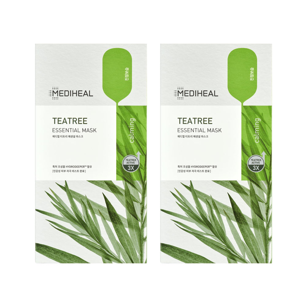 Mediheal Tea Tree Essential Face Mask sheet on skin, soothing irritation and balancing oil for all skin types.