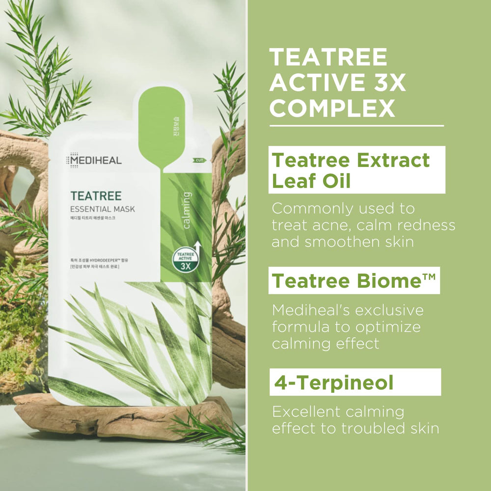 Mediheal Tea Tree Mask application on face with snug fit for all skin types.